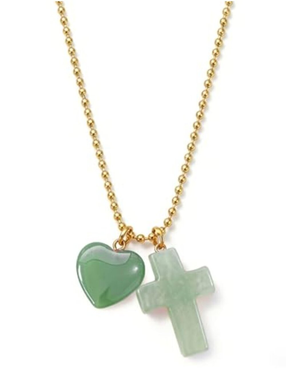 Jade Heart Cross Pendant Necklace Stainless Steel Beaded Chain Minimalist